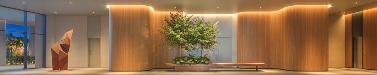 Lobby com jardim interno e marcenaria curva em madeira
