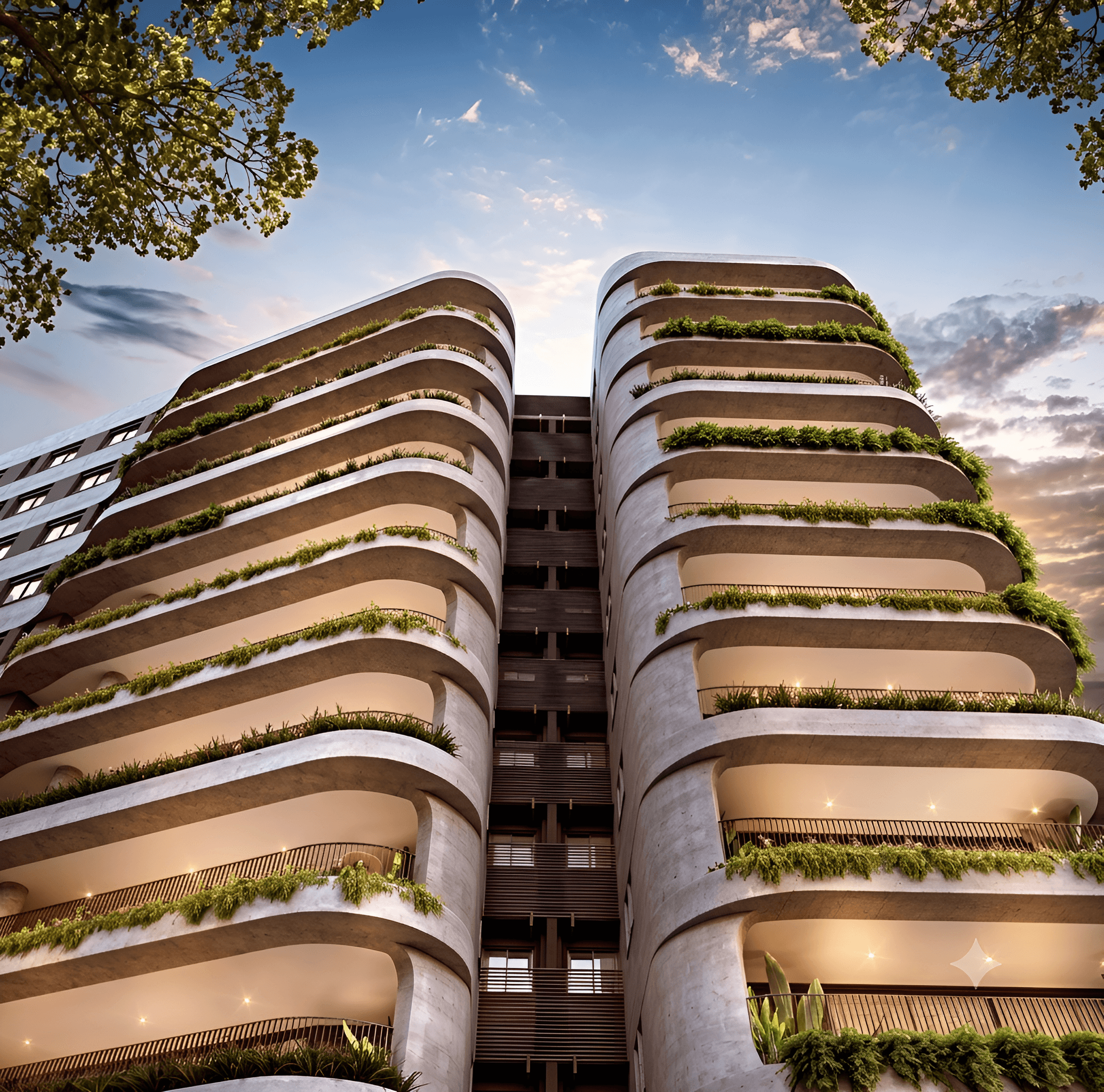 Fachada do Acervo Residences Alphaville ao pôr do sol